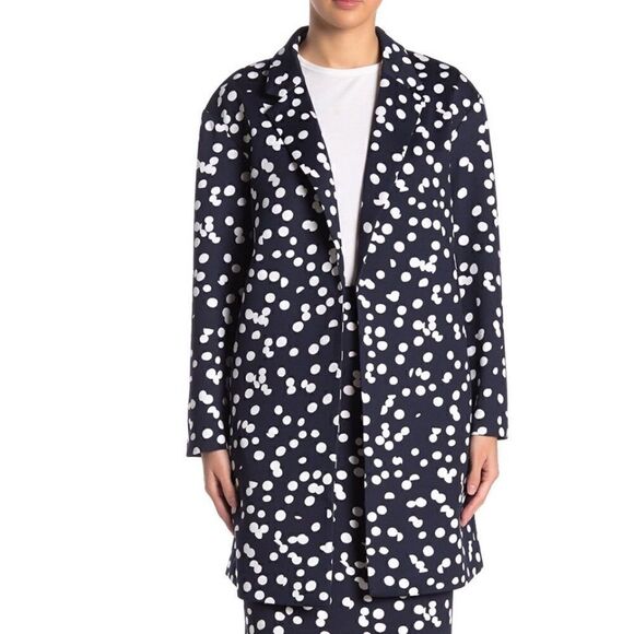 T Tahari Navy Blue White Polka Dot Print Scuba Knit Jacket Coat - Size Small / S - Picture 3 of 12